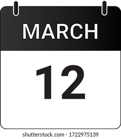 Flat icon calendar 12th of March indicated with white & black. Vector illustration.