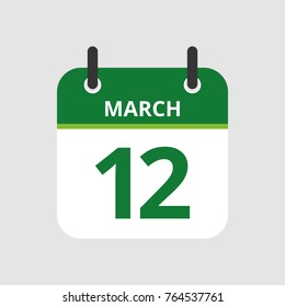 Flat icon calendar 12th of March isolated on gray background. Vector illustration.