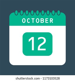 Flat icon calendar 12th of October isolated on blue background. Vector illustration.
