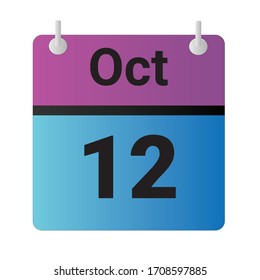 Flat icon calendar 12th of October Indicated with purple,blue & black. Vector illustration.