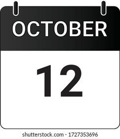 Flat icon calendar 12th of October indicated with white & black. Vector illustration.