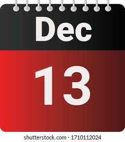 Flat icon calendar 13th of December indicated with red & black. Vector illustration.