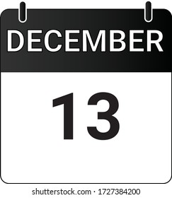 Flat icon calendar 13th of December indicated with white & black. Vector illustration.