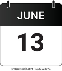 Calendario plano de iconos 13 de junio indicado con blanco y negro. Ilustración vectorial.