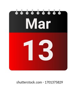 Icono plano calendario 13 de marzo soleado sobre fondo gris. Ilustración vectorial.