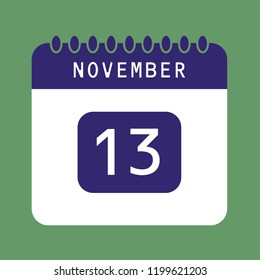 Flat icon calendar 13th of November isolated on green background. Vector illustration.