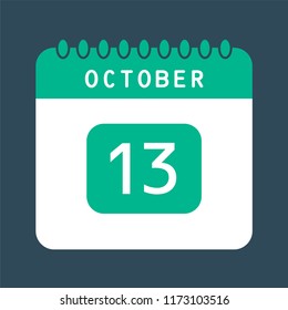 Flat icon calendar 13th of October isolated on blue background. Vector illustration.