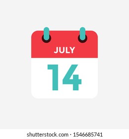 Flat icon calendar 14 of July. Date, day and month. Vector illustration.
