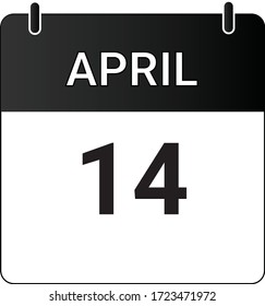 Flat icon calendar 14th of April indicated with white & black. Vector illustration.
