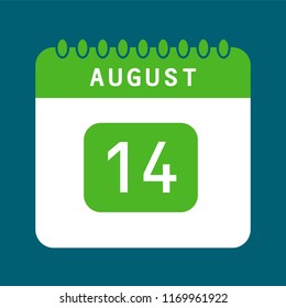 Flat icon calendar 14th of August isolated on blue background. Vector illustration. 