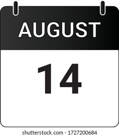 El calendario de iconos planos del 14 de agosto indicado con blanco y negro. Ilustración vectorial.