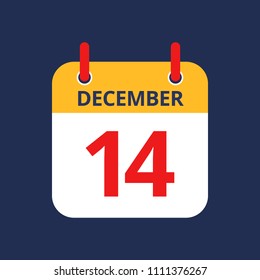 Flat icon calendar 14th of December isolated on blue background. Vector illustration.