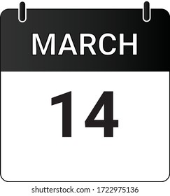 Flat icon calendar 14th of March indicated with white & black. Vector illustration.