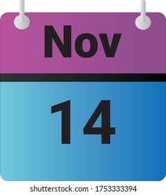 Flat icon calendar 14th of November indicated with purple,blue & black. Vector illustration.