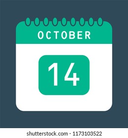 Flat icon calendar 14th of October isolated on blue background. Vector illustration.