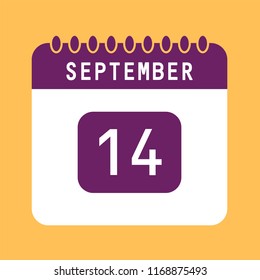 Flat icon calendar 14th of September isolated on orange background. Vector illustration. Calendar reminder icon.