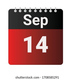 Flat icon calendar 14th of September indicated with red & black. Vector illustration.