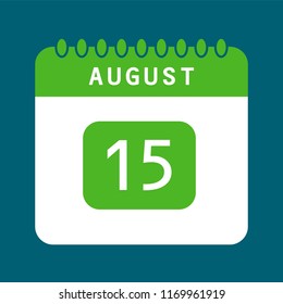 Flat icon calendar 15th of August isolated on blue background. Vector illustration. 