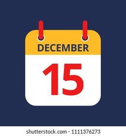 Flat icon calendar 15th of December isolated on blue background. Vector illustration.