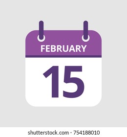 Flat icon calendar 15th of February isolated on gray background. Vector illustration.