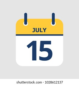 Flat icon calendar 15th of July isolated on gray background. Vector illustration.