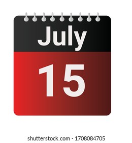 Flat icon calendar 15th of July indicated with red & black. Vector illustration.
