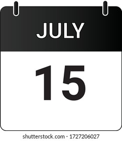 Calendario plano de iconos 15 de julio indicado con blanco y negro. Ilustración vectorial.