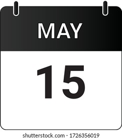 El calendario de iconos planos del 15 de mayo se indica con blanco y negro. Ilustración vectorial.