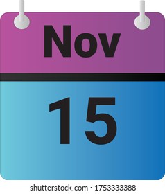 Flat icon calendar 15th of November indicated with purple,blue & black. Vector illustration.