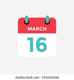 Flat icon calendar 16 of March. Date, day and month. Vector illustration.