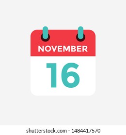 Flat icon calendar 16 November. Date, day and month. Vector illustration.