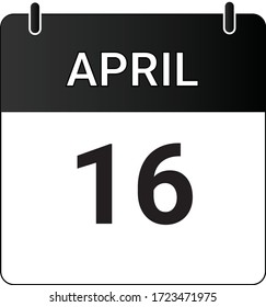 Flat icon calendar 16th of April indicated with white & black. Vector illustration.