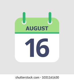 Flat icon calendar 16th of August isolated on gray background. Vector illustration.