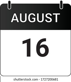 Flat icon calendar 16th of August indicated with white & black. Vector illustration.