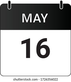 El calendario de iconos planos del 16 de mayo se indica con blanco y negro. Ilustración vectorial.