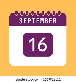 Flat icon calendar 16th of September isolated on orange background. Vector illustration. 