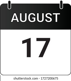 Flat icon calendar 17th of August indicated with white & black. Vector illustration.