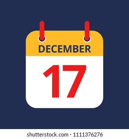 Flat icon calendar 17th of December isolated on blue background. Vector illustration.