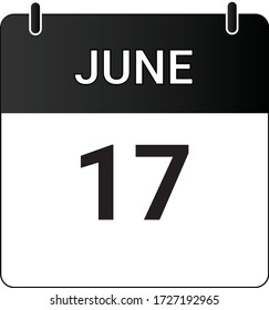 Flat icon calendar 17th of June indicated with white & black. Vector illustration.