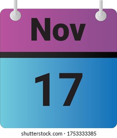 Flat icon calendar 17th of November indicated with purple,blue & black. Vector illustration.
