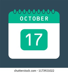 Flat icon calendar 17th of October isolated on blue background. Vector illustration.