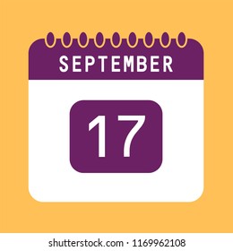 Flat icon calendar 17th of September isolated on orange background. Vector illustration.