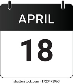 Flat icon calendar 18th of April indicated with white & black. Vector illustration.