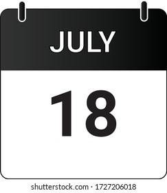 Flat icon calendar 18th of July indicated with white & black. Vector illustration.