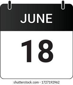 Flat icon calendar 18th of June indicated with white & black. Vector illustration.
