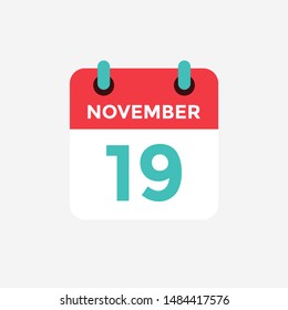 Flat icon calendar 19 November. Date, day and month. Vector illustration.