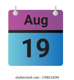 Icono plano calendario 19 de agosto Indicado con morado, azul y negro. Ilustración vectorial.