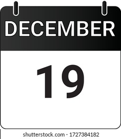 Flat icon calendar 19th of December indicated with white & black. Vector illustration.