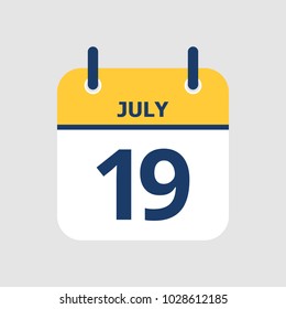 Flat icon calendar 19th of July isolated on gray background. Vector illustration.