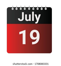 Flat icon calendar 19th of July indicated with red & black. Vector illustration.